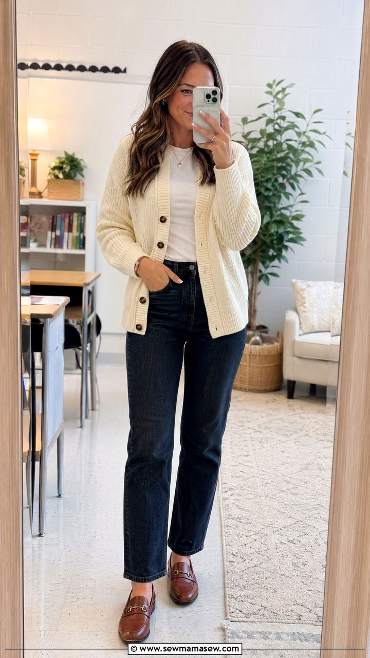 Cream cardigan with dark wash jeans and brown loafers - 35 spring teacher outfit ideas