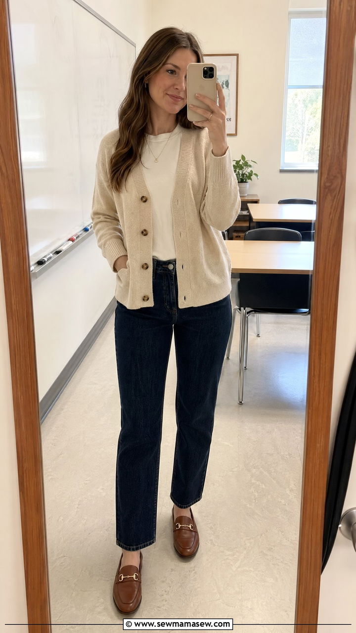 Cream cardigan with dark wash jeans teacher outfit - 35 spring outfits for teachers