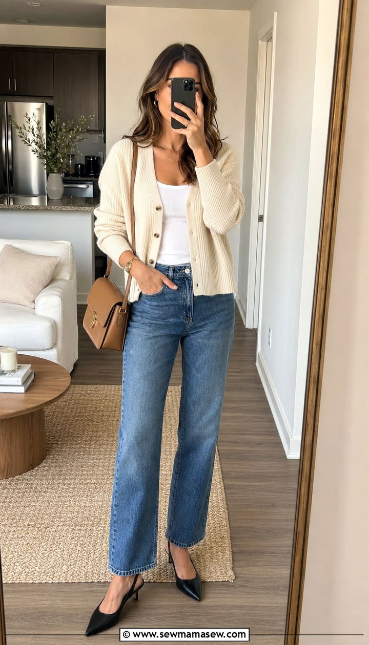 Cream cardigan with relaxed denim and slingback heels - 35 quiet luxury outfits ideas