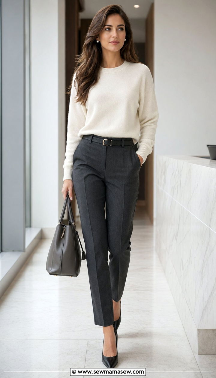Cream cashmere sweater with charcoal trousers - 35 Quiet luxury outfit ideas for work