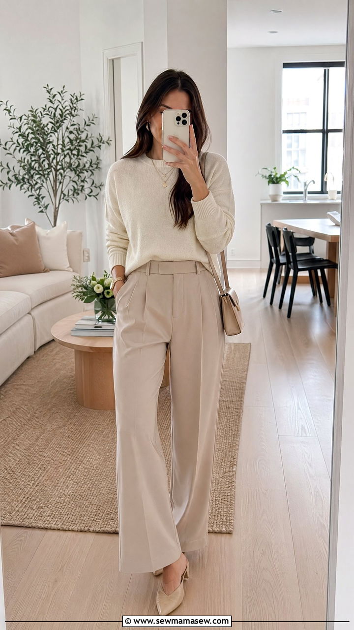 Cream knit and beige tailored trousers look - 35 Clean girl spring outfits