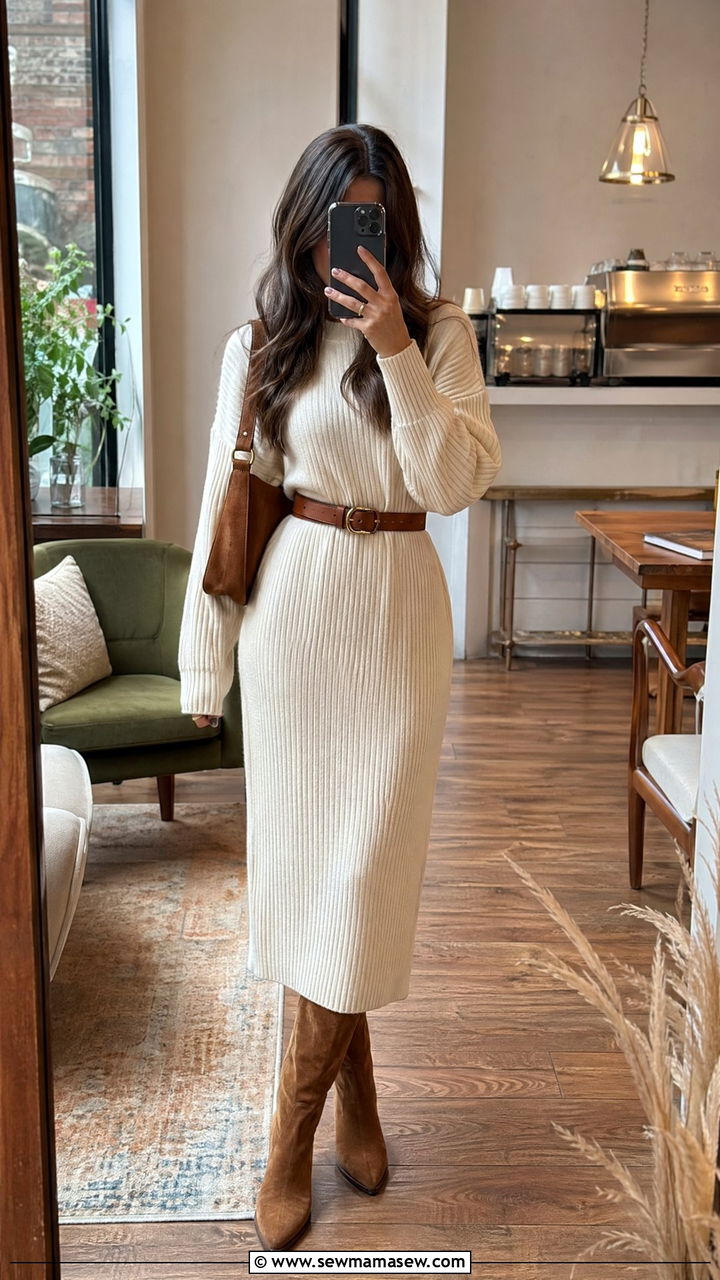 Cream knit dress with cognac leather accessories - 35 Stealth wealth outfit ideas