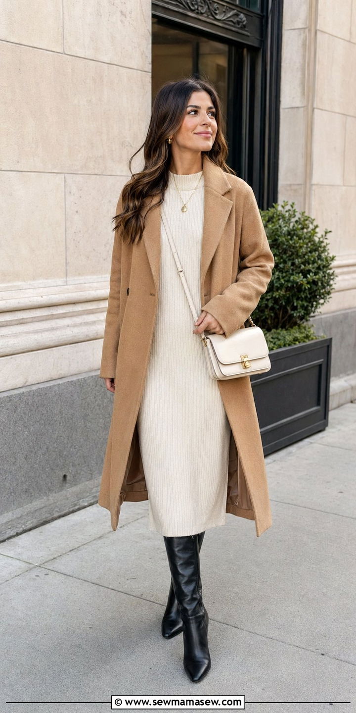 Cream knit dress with kneehigh leather boots - 35 quiet luxury outfits ideas
