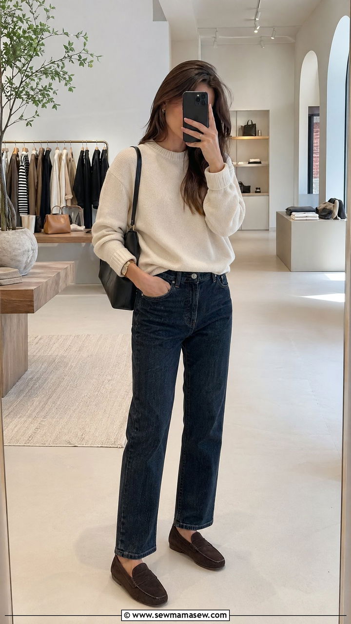 Cream knit sweater with straight leg jeans - 35 casual old money outfits