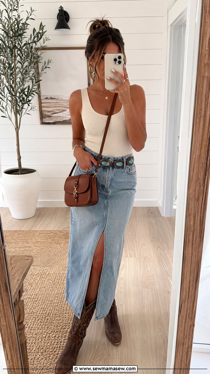 Cream knit tank and light wash denim skirt with leather cowboy boots - 35 Coastal cowgirl outfit ideas summer