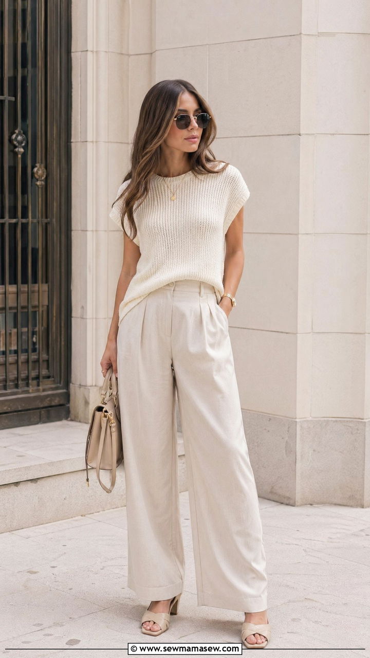 Cream knit top with beige trousers - 35 summer classy outfit ideas