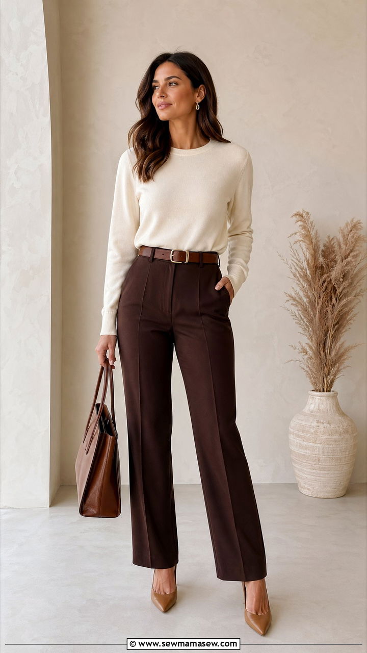 Cream knit top with espresso brown trousers - 35 classy outfit ideas for women