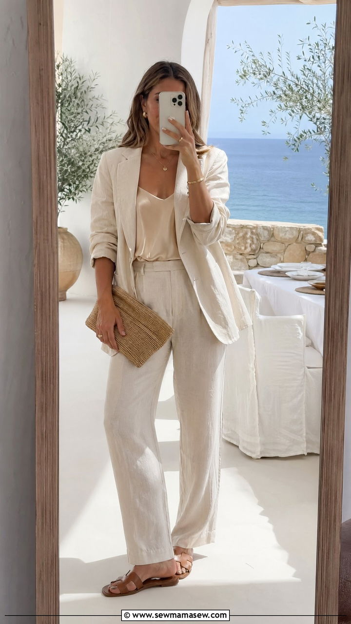 Cream linen suit with silk camisole outfit - 35 classy spring outfit ideas