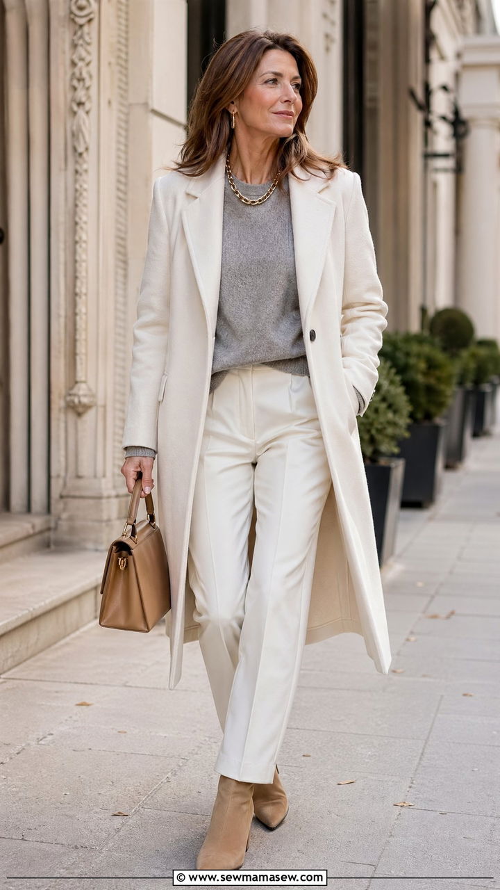 Cream longline coat with neutral layers outfit - 35 Clean girl outfits for women over 40