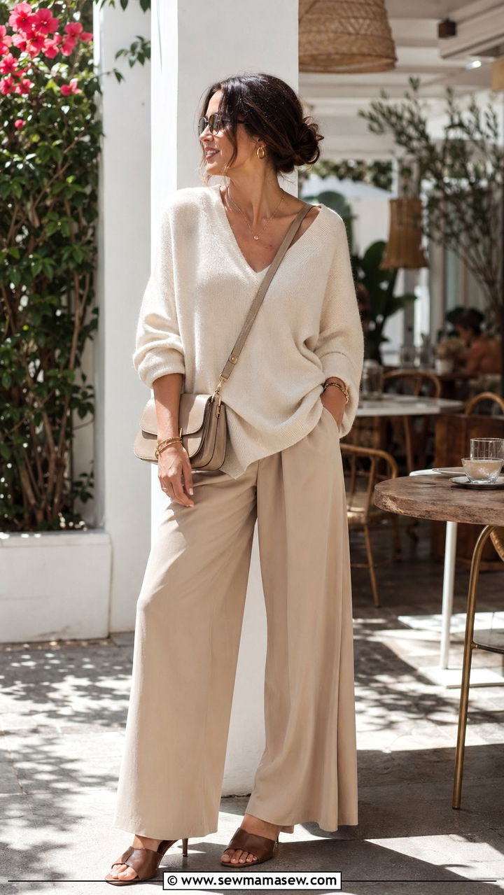 Cream oversized sweater with beige wide leg pants outfit - 35 Quiet luxury outfit ideas