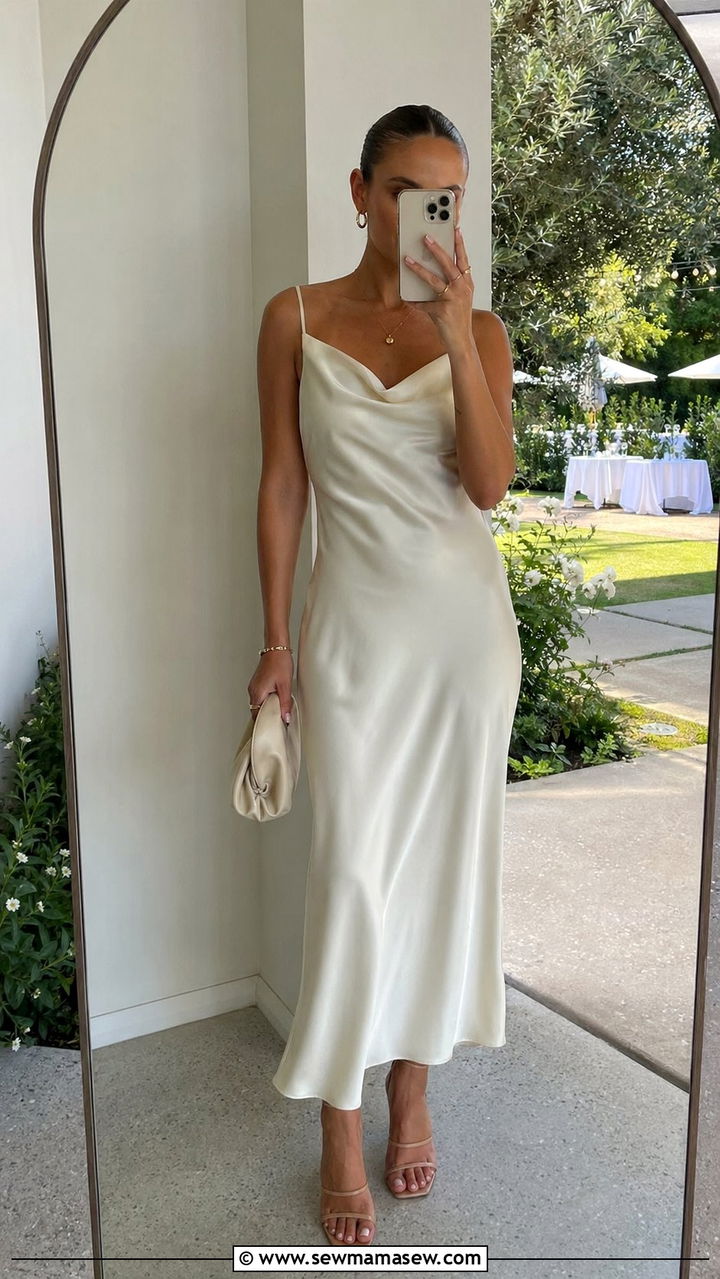 Cream satin slip dress wedding guest outfit - 35 Quiet luxury outfit ideas for wedding guest