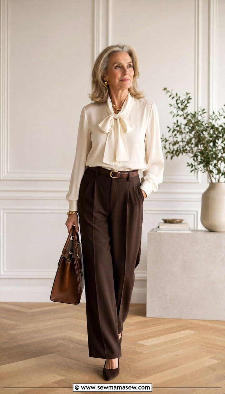 Cream silk blouse with chocolate brown tailored trousers - 35 Old money outfit ideas for women over 60