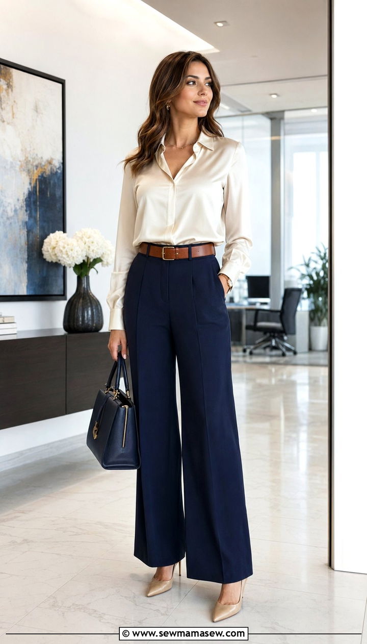Cream silk blouse with navy tailored trousers - 30 work outfits for women over 30