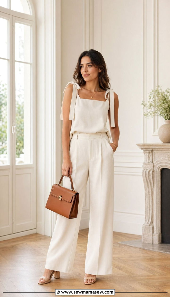 Cream tie shoulder top with wide leg trousers - 35 Parisian outfit ideas 2026