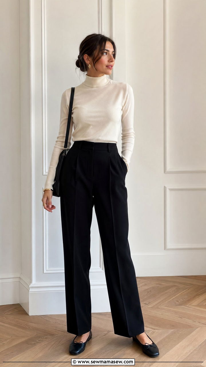Cream turtleneck with black trousers and ballet flats - 35 chic outfit ideas for women