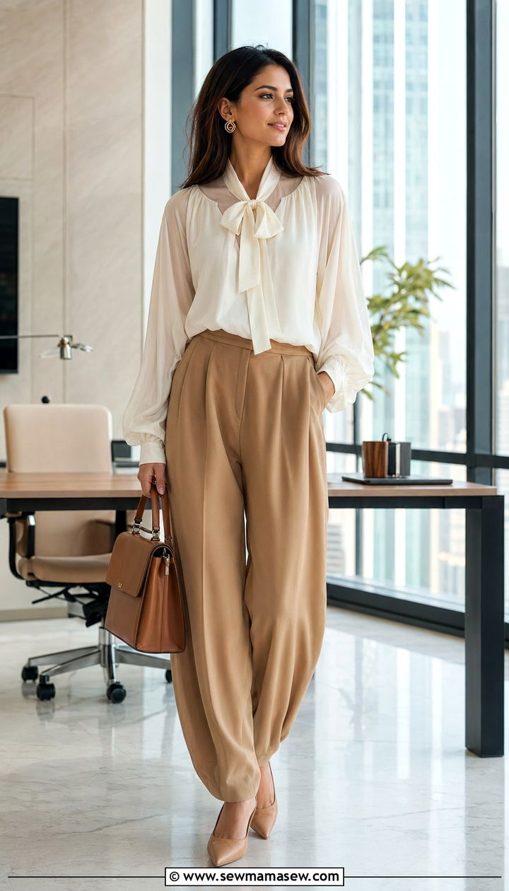 Crepe Balloon Pants With Pussy Bow Blouse - 30 balloon pants outfits