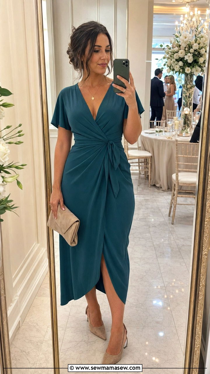 Crepe Wrap Dress Wedding Guest Outfit - 30 Wedding guest outfits for pear shape
