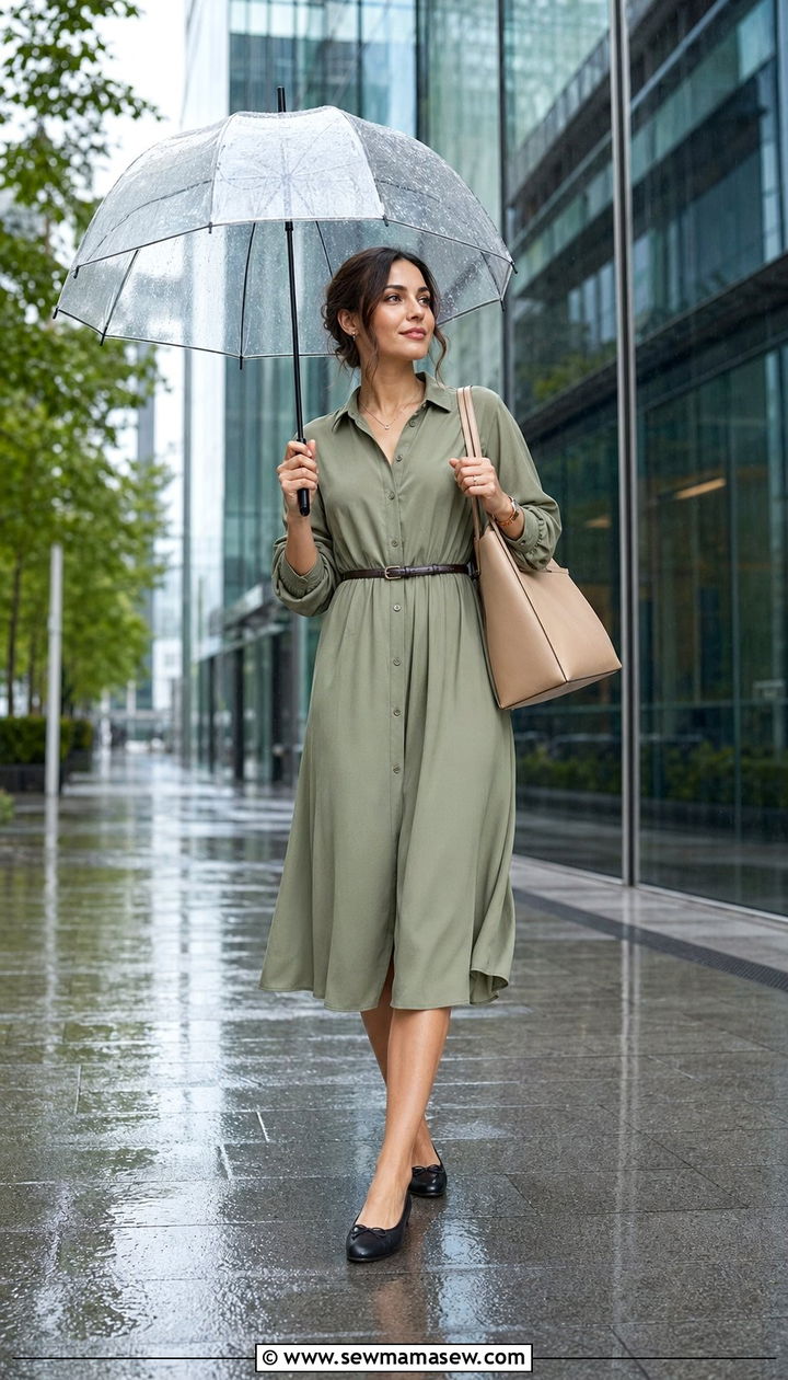 Crepe shirt dress with waterproof ballet flats - 35 rainy day outfits for women