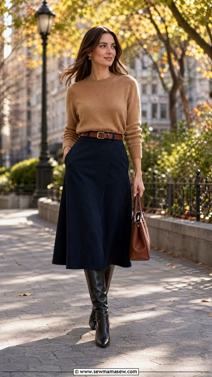 Crew Neck Sweater with A Line Midi Skirt and Knee High Boots - 35 workwear outfit ideas for women