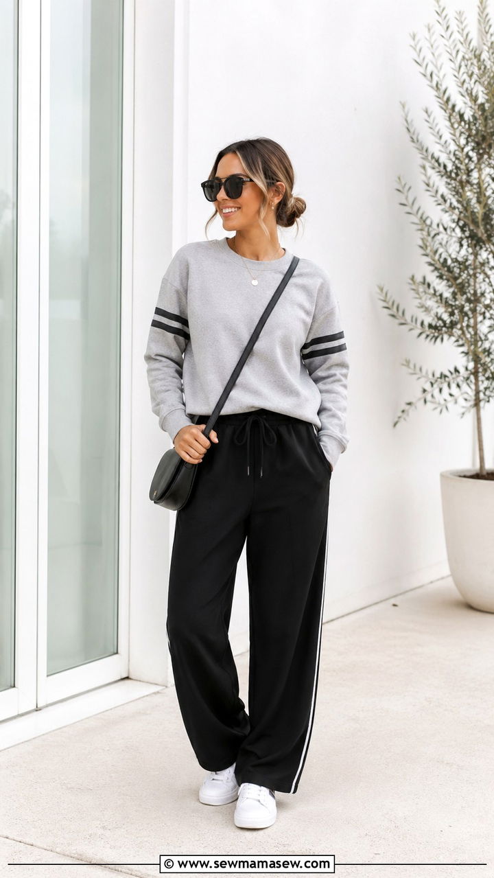 Crew Neck Sweatshirt With Relaxed Track Pants - 30 Sporty chic outfit ideas 2026