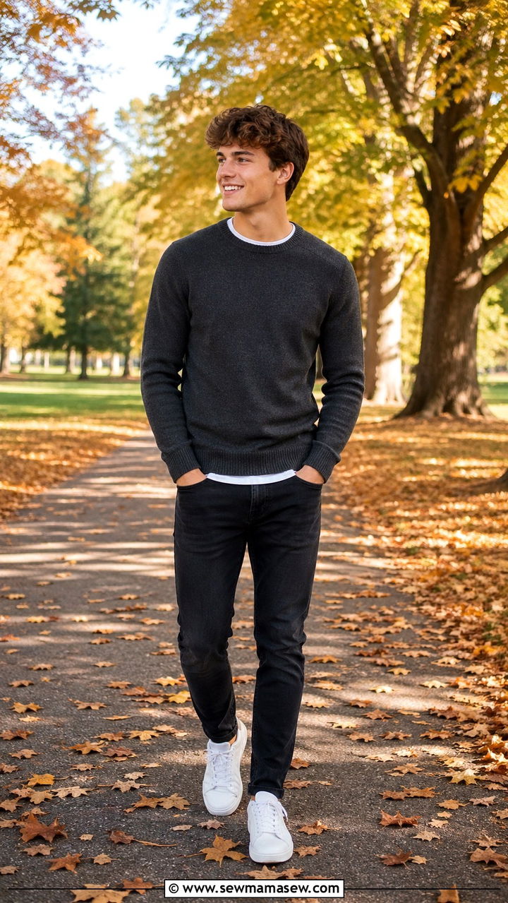 Crew neck sweater with jeans senior photo - 30 Senior portrait outfit ideas guys