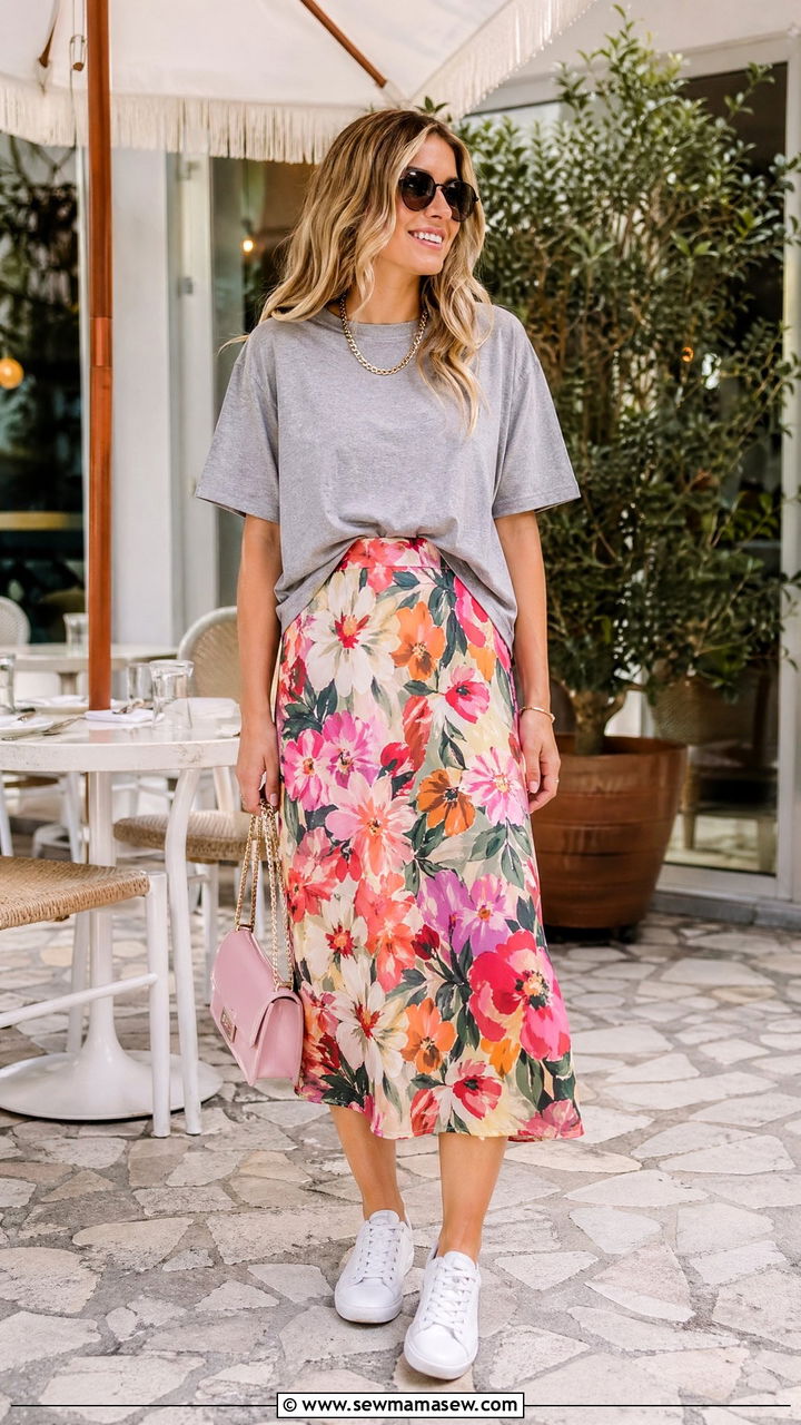 Crew neck tee and printed midi skirt outfit - 35 summer outfits for young adults