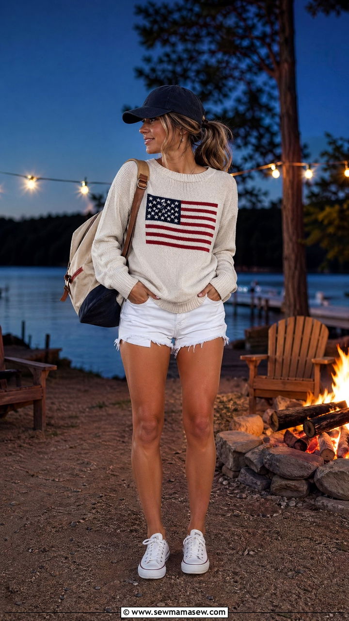 Crewneck Flag Sweater With White Denim Shorts - 35 summer memorial day outfit ideas