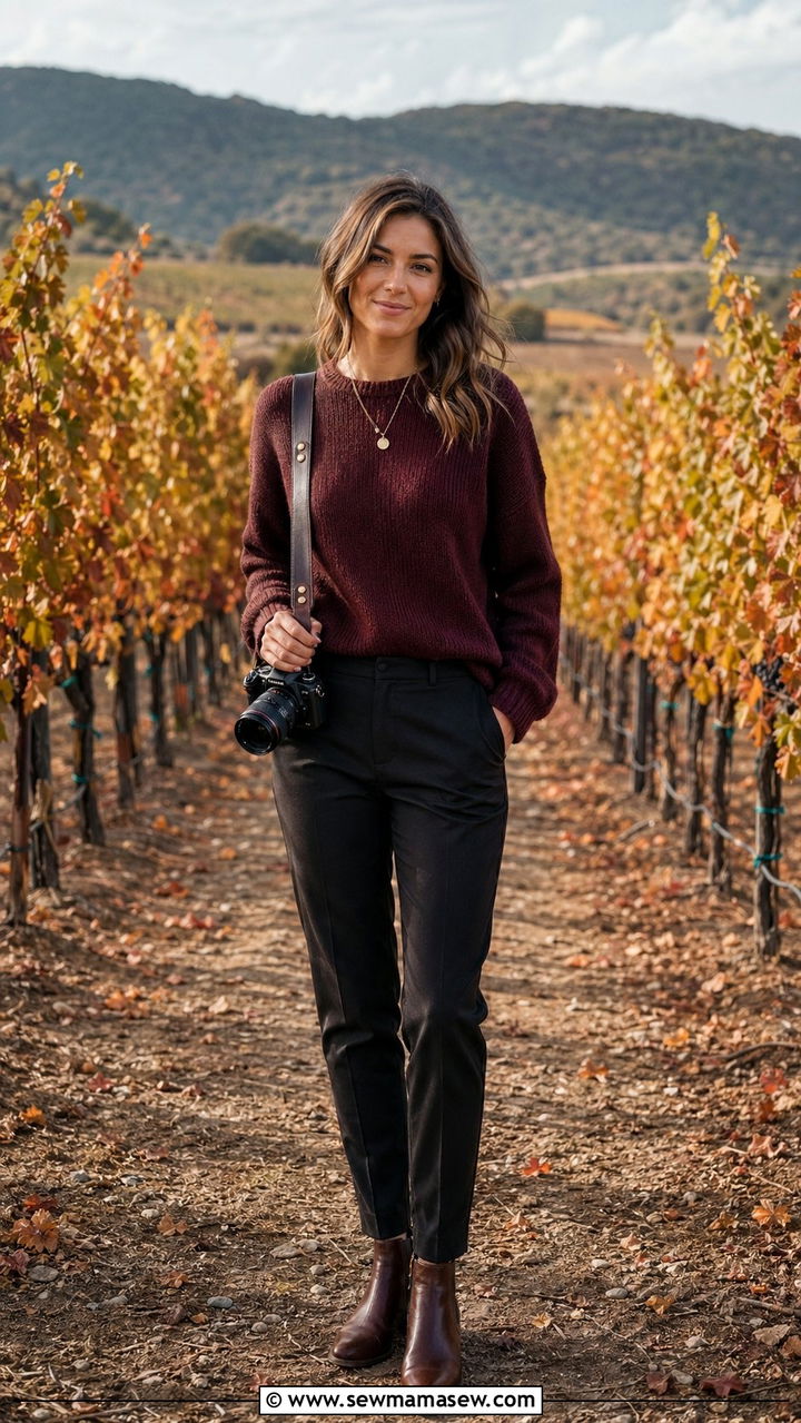 Crewneck Sweater With Dark Trousers and Ankle Boots for Fall - 30 Wedding photographer outfit ideas