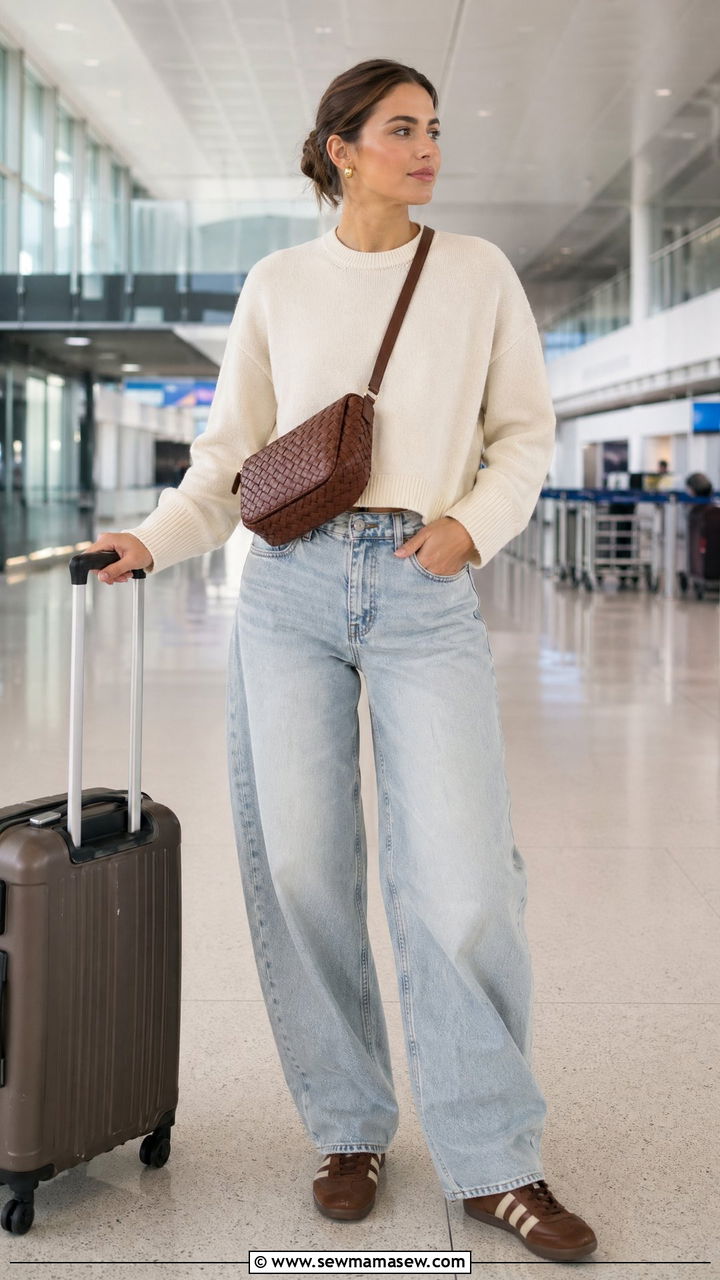 Crewneck Sweater with Barrel Leg Jeans - 40 airport outfits ideas