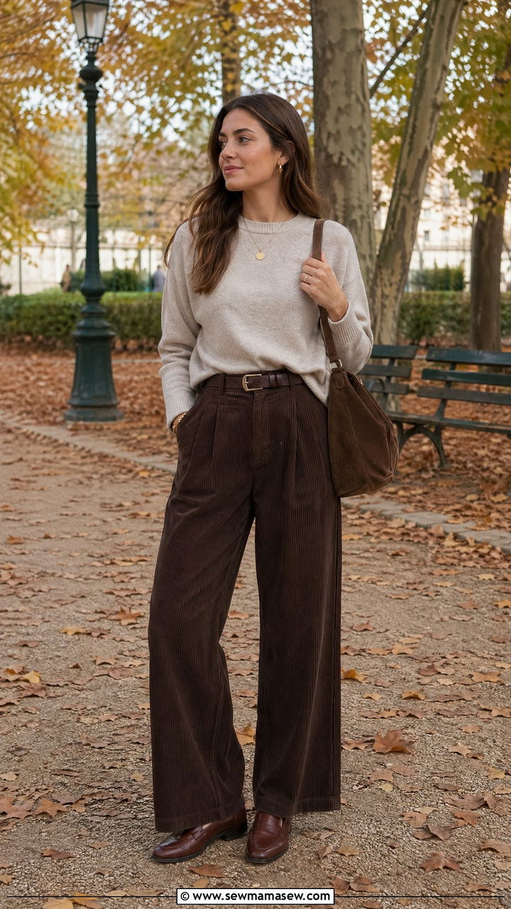 Crewneck Sweater with Corduroy Trousers - 35 classy old money outfit ideas