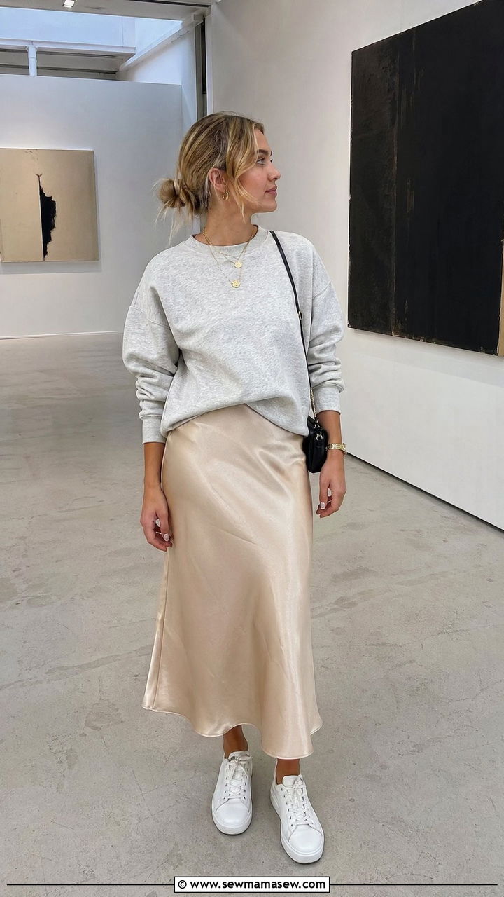 Crewneck Sweatshirt And Satin Slip Skirt - 35 classy 90s outfits