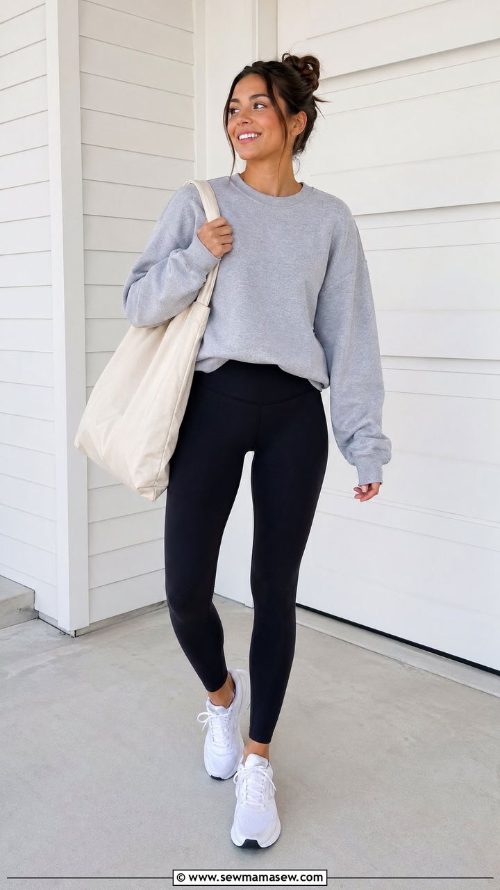 Crewneck Sweatshirt With High Waist Leggings And Running Shoes - 35 casual outfits aesthetic