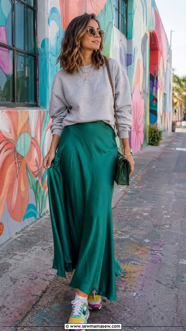 Crewneck Sweatshirt With Satin Maxi Skirt and Retro Sneakers - 35 Spring transition outfits