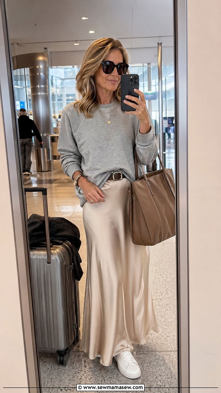 Crewneck Sweatshirt With Satin Maxi Skirt - 35 Skirt outfit ideas for women over 40