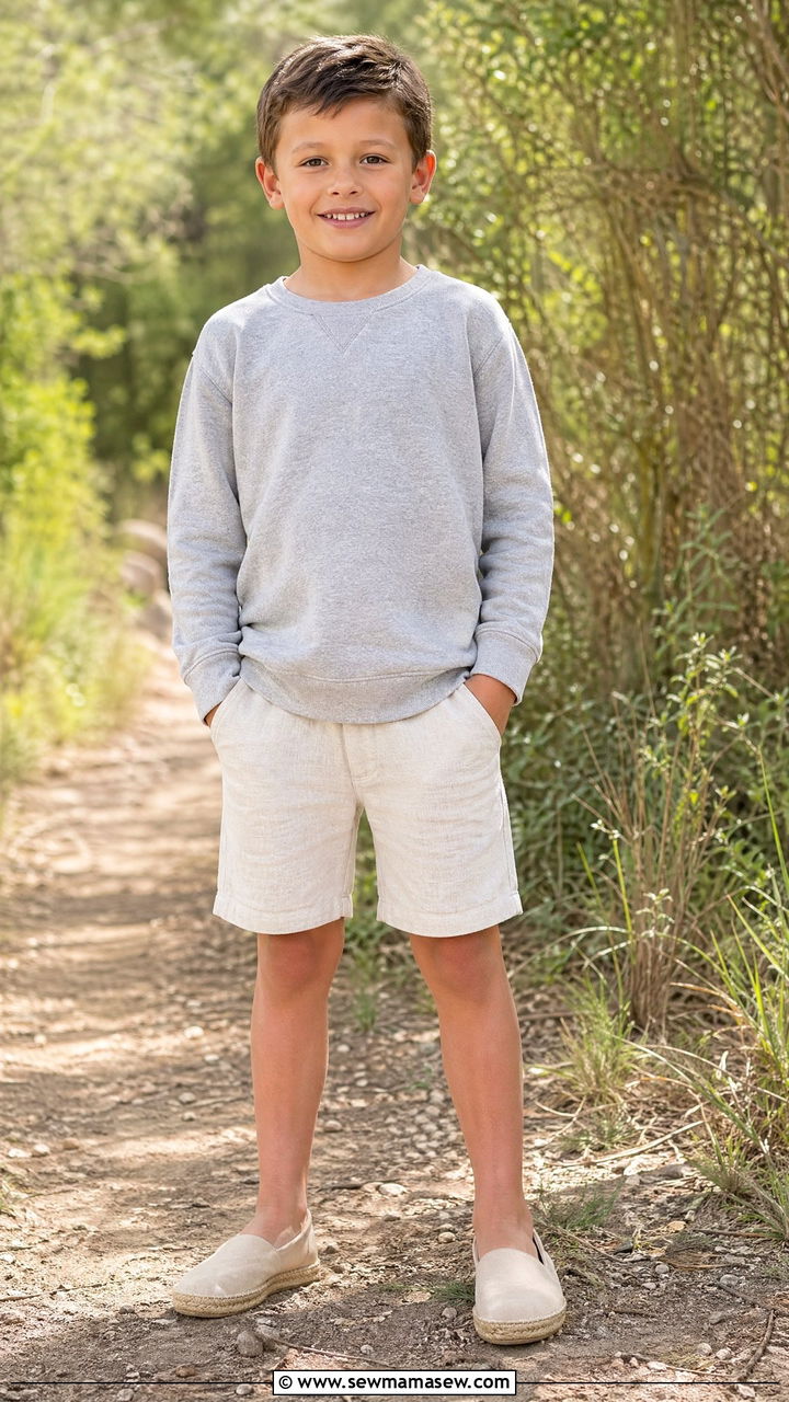 Crewneck Sweatshirt and Linen Shorts Outfit - 35 Spring outfits for kids
