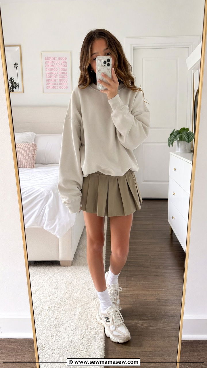 Crewneck Sweatshirt and Pleated Mini Skirt - 30 Back to school outfit ideas for tweens 2026
