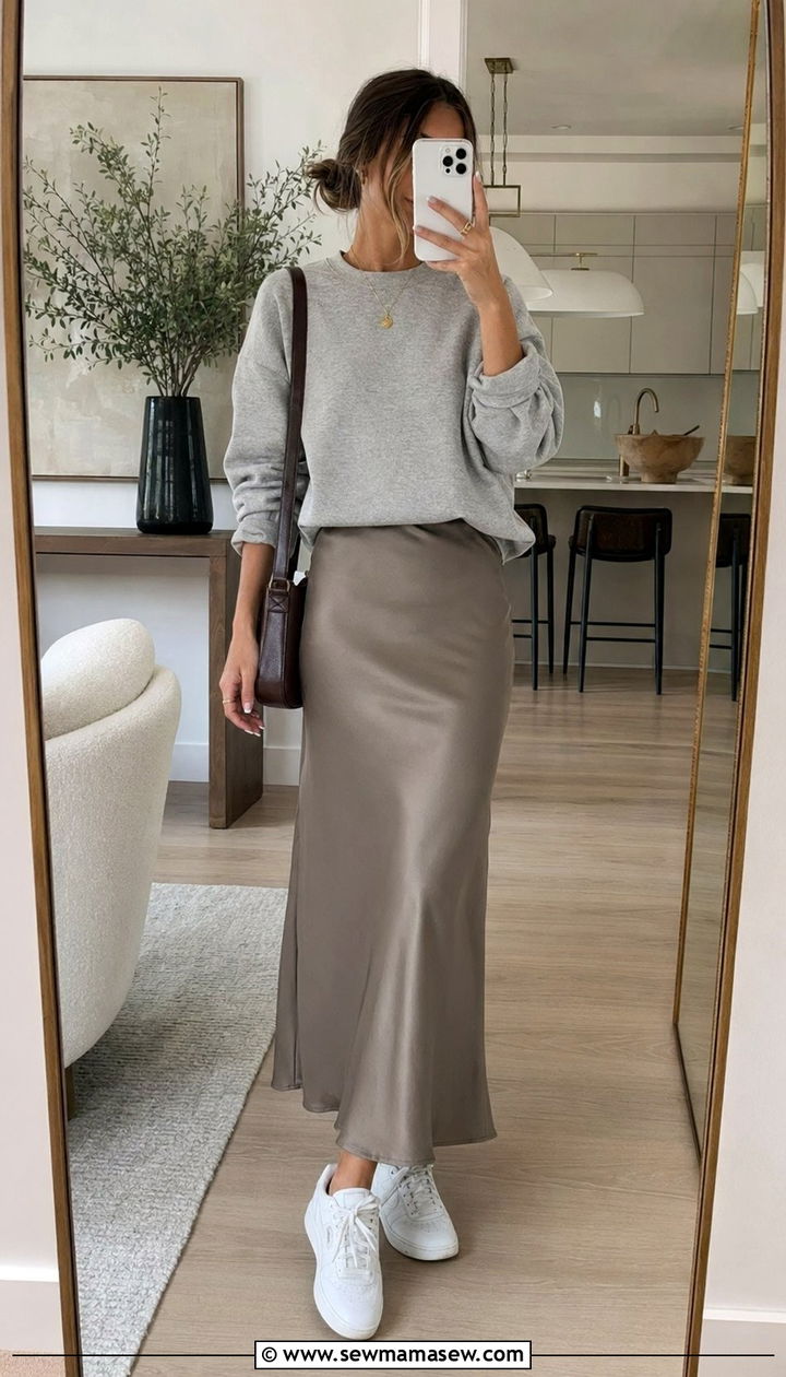 Crewneck Sweatshirt and Slip Skirt Outfit - 30 70 degree weather outfits