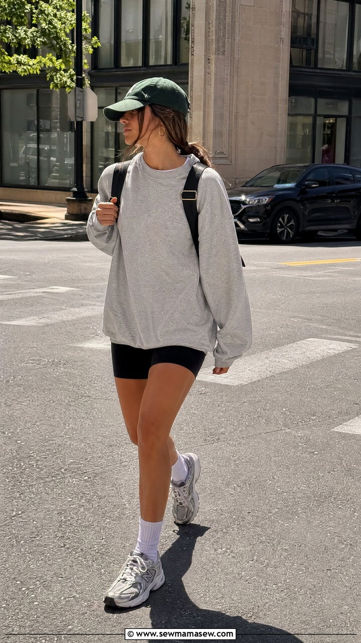Crewneck Sweatshirt with Biker Shorts and Crew Socks - 35 simple outfit ideas for women