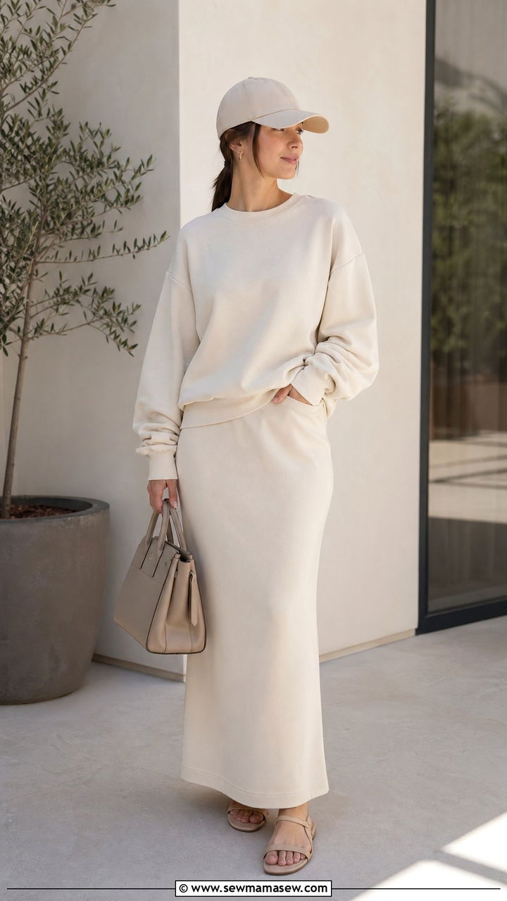 Crewneck Sweatshirt with Column Skirt and Baseball Cap Outfit - 35 transitional sporty chic outfit ideas
