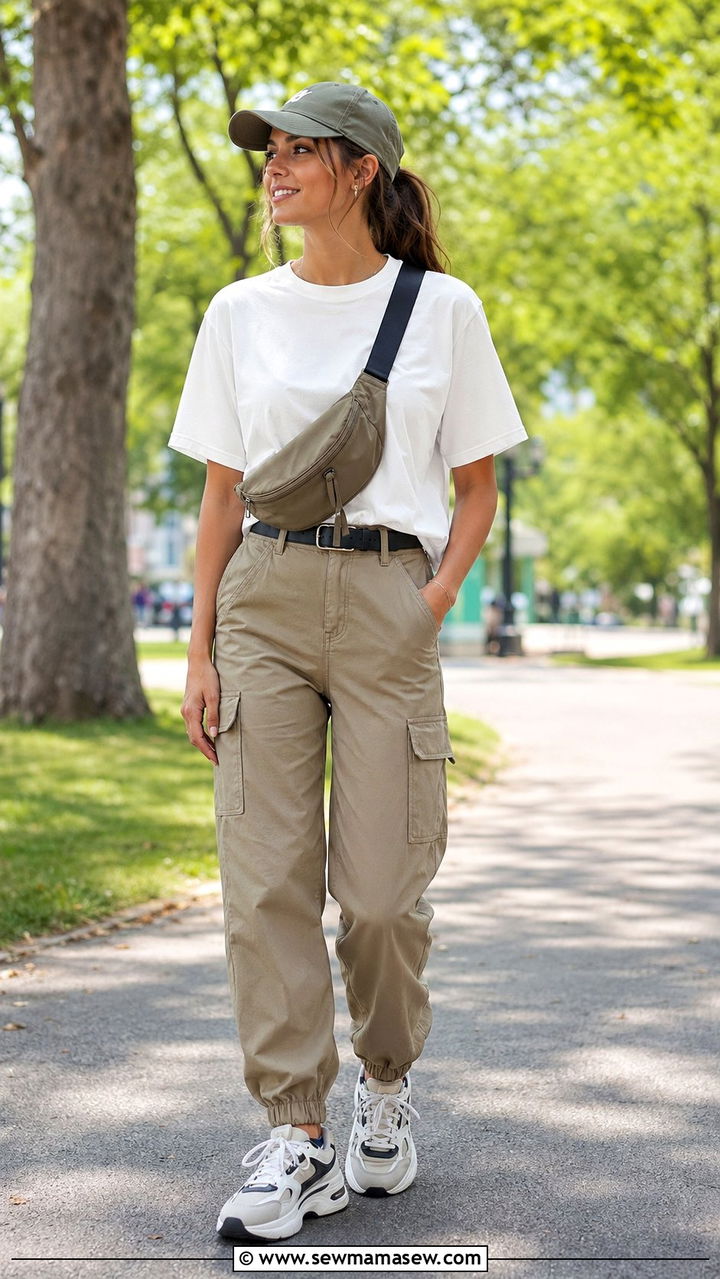 Crewneck Tee and Cargo Pants with Sporty Sneakers Outfit - 35 mom outfit ideas