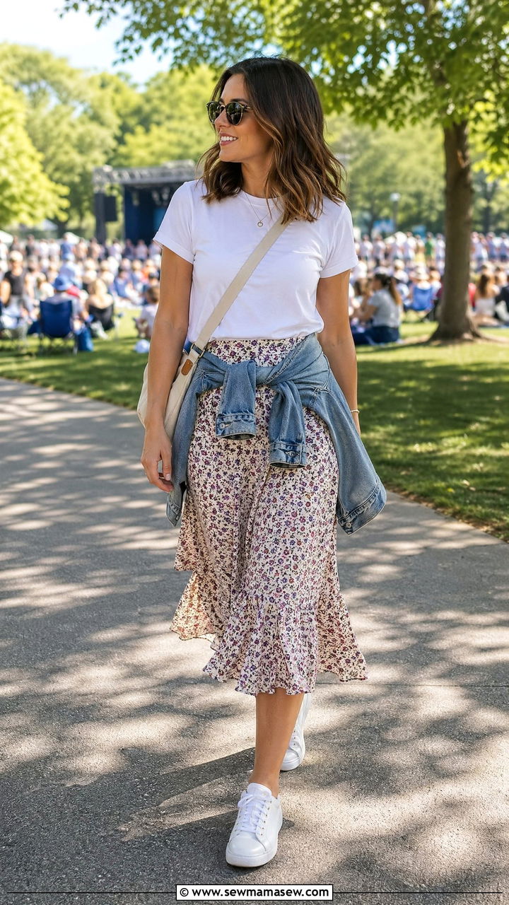 Crewneck White Tee With A Floral Midi Skirt And White Sneakers - 35 summer capsule wardrobe outfits