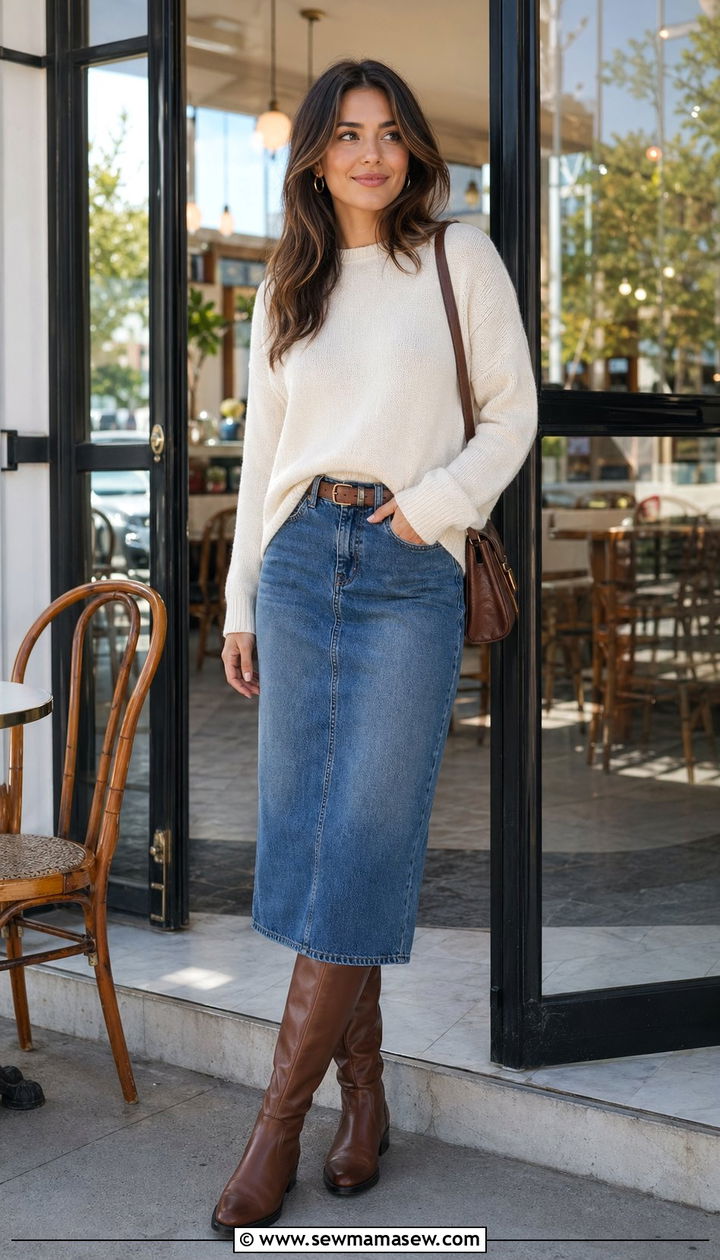 Crewneck sweater and denim midi skirt outfit - 30 windy day outfits casual