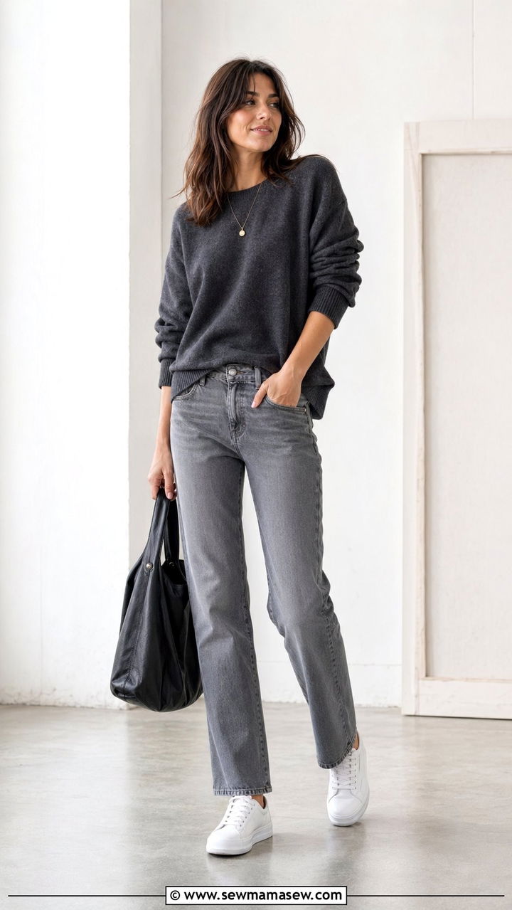 Crewneck sweater and grey jeans outfit - 30 Work outfits with jeans
