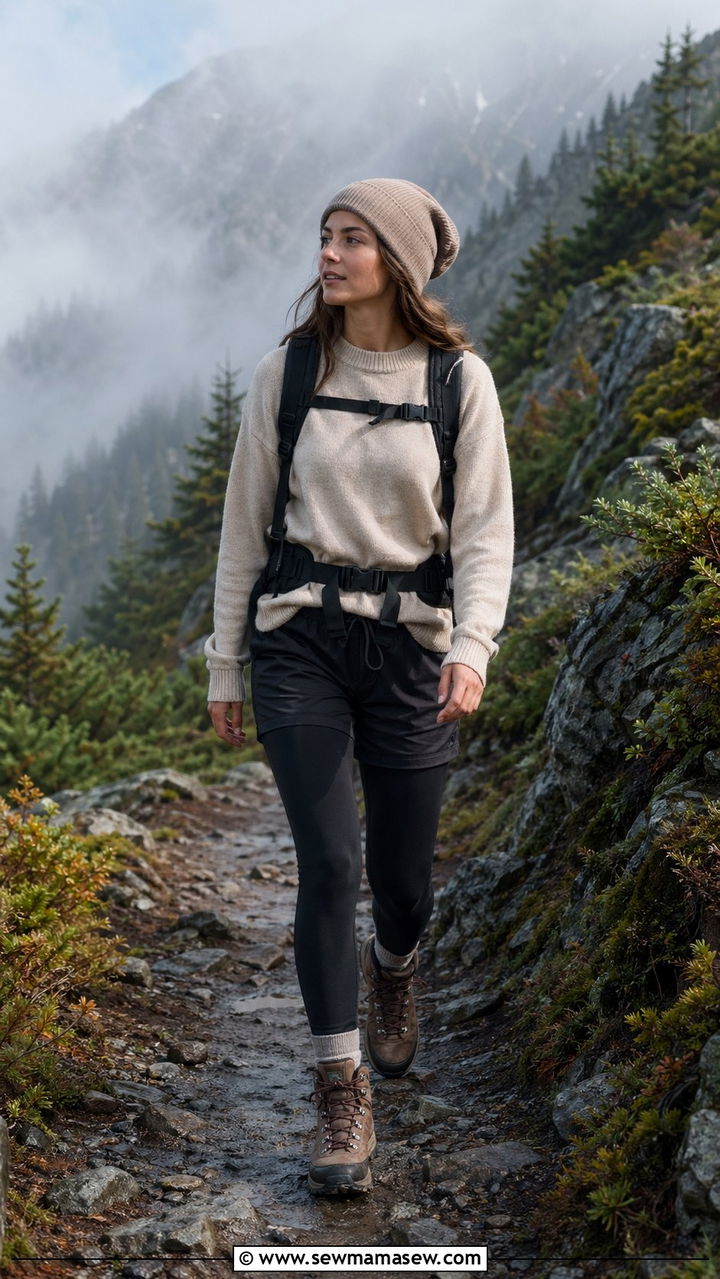 Crewneck sweater and hiker shorts over leggings outfit - 35 Mountain vacation outfit ideas