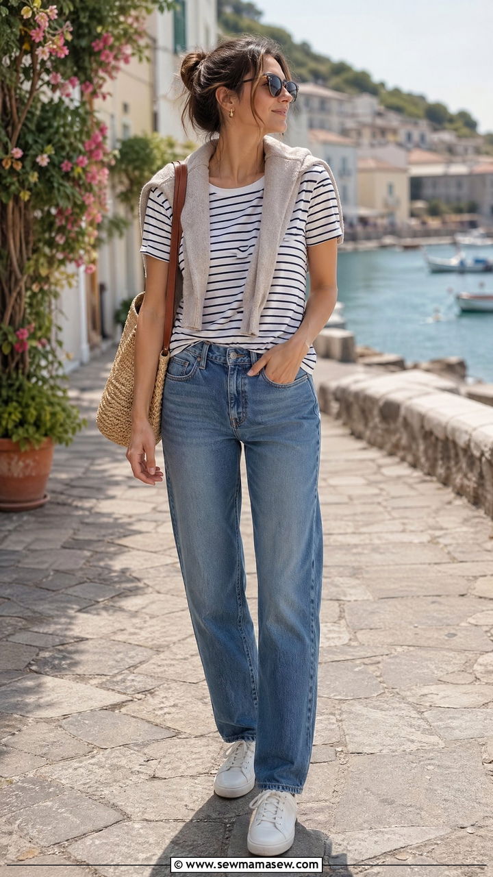 Crewneck sweater draped over shoulders with tee and jeans - 35 Transitional wardrobe ideas