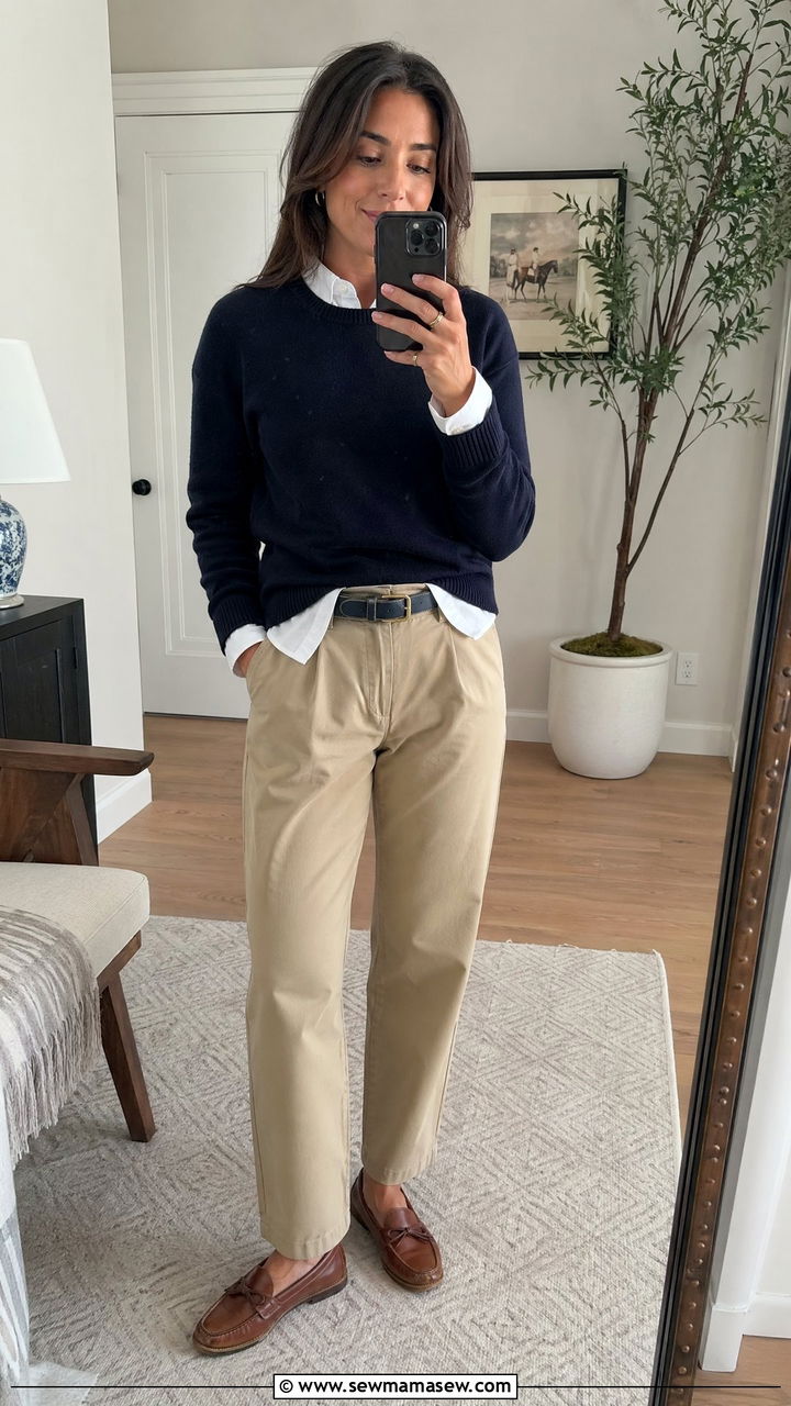 Crewneck sweater layered over a collared shirt - 35 Sweater weather outfit ideas