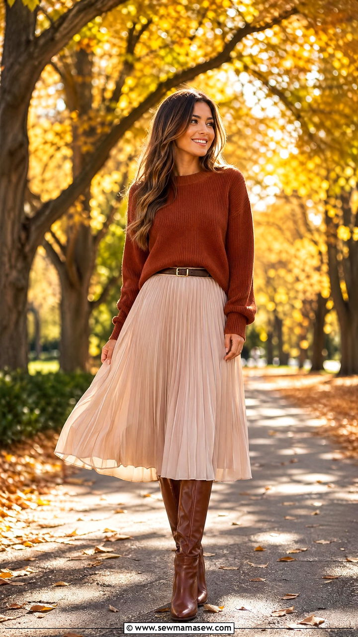 Crewneck sweater with pleated midi skirt and knee high boots - 35 transitional outfits for women