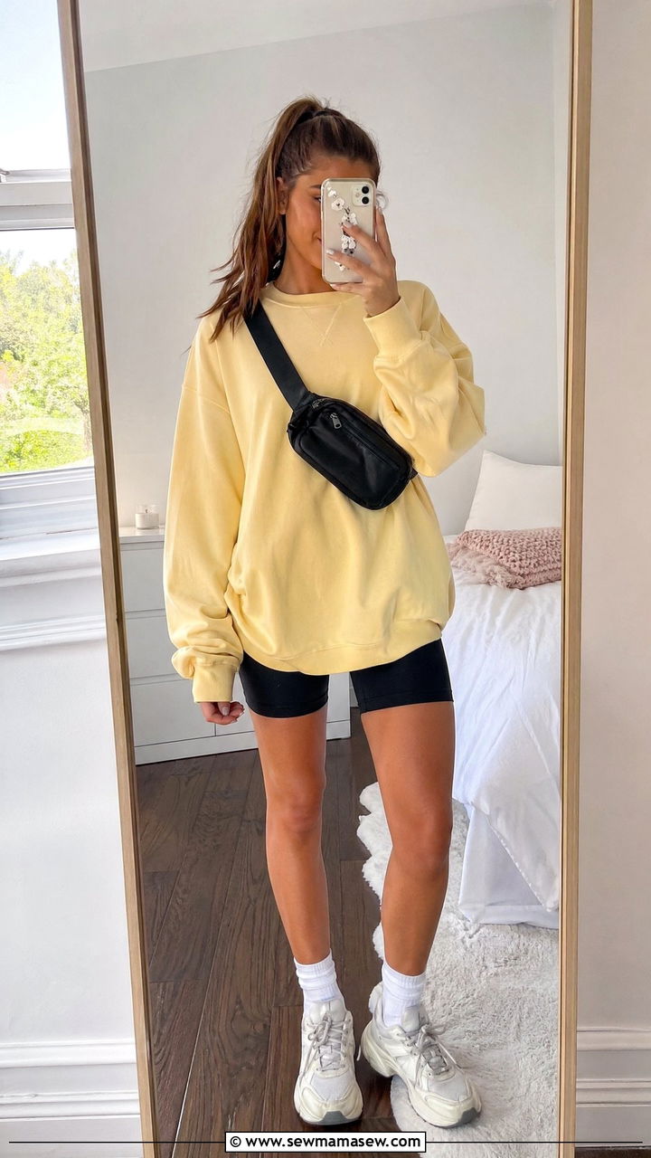 Crewneck sweatshirt with biker shorts and crew socks - 35 Spring outfits for teenage girls