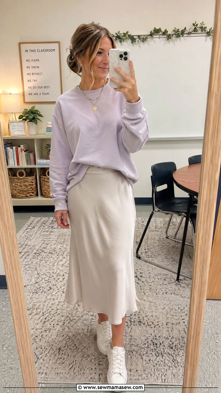 Crewneck sweatshirt with midi slip skirt and clean sneakers - 35 Teacher outfit ideas for school
