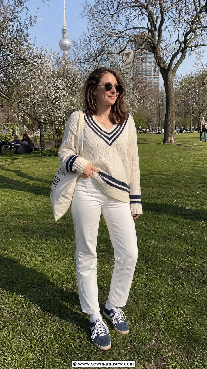 Cricket sweater with white jeans and retro sneakers - 40 What to wear in Berlin